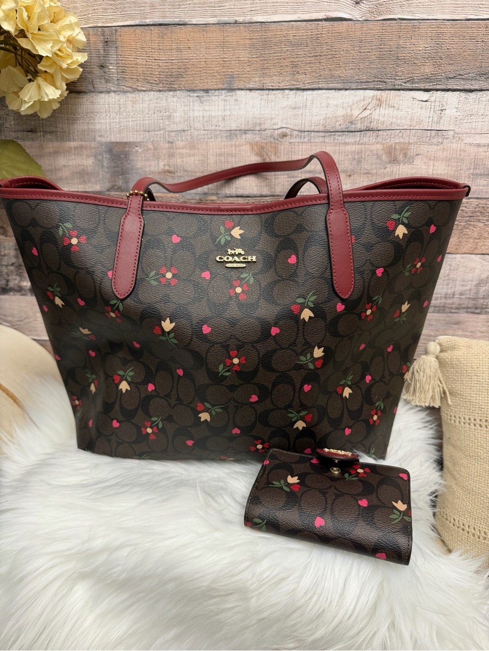 Coach Brown Signature Canvas w/ Mini Rose Print Tote & Matching Wallet